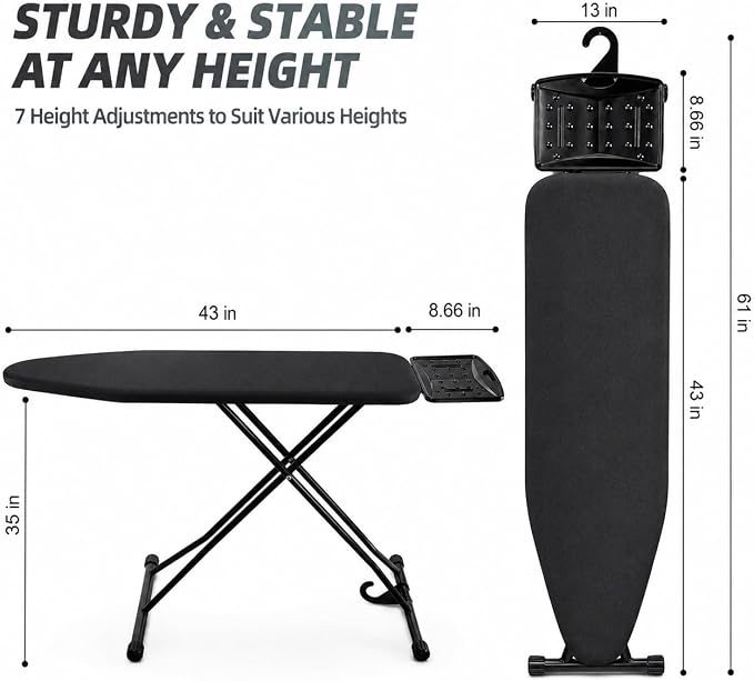 Ironing Board Metal Panel Iron Board 53" x 13.5", 7mm Thick Heat & Scorch Resistant Pad Full Metal Construction Ironing Board with Smart Hanger & 7 Adjustable Heights Compact and Space Saving