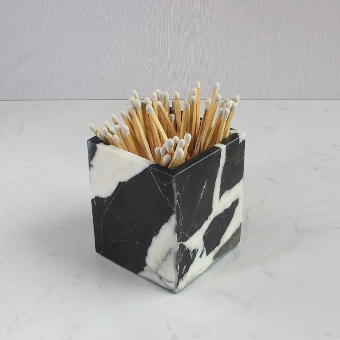Natural Calacatta Viola Black Marble Square Storage Container for Toothbrush/Makeup Brush/Pens, Countertop Organizer Bathroom