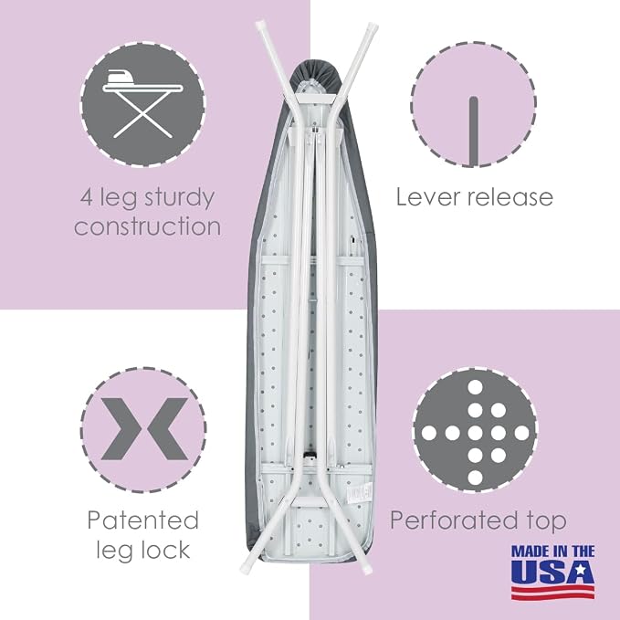 Full Size Ironing Board Made in USA – Dark Grey by Seymour Home Products 4 Heavy-Duty Steel Legs Perforated Top for Steam Includes Cover & Pad Sturdy, Foldable Iron Board for Home & Laundry