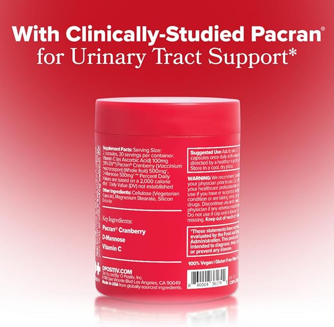 O Positiv URO Urinary Tract Health Supplement for Women, 60 Count (Pack of 2) - Urinary Support Vitamins with Pacran Complete Cranberry Extract, D-Mannose, & Vitamin C - Vegan & Gluten-Free