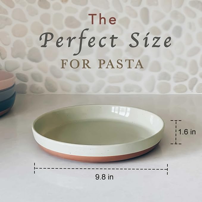 MORA Ceramic Flat Pasta Bowl Set of 4-35oz, Microwave Safe Plate with High Edge - Modern Porcelain Dinnerware for Kitchen and Eating, Large Wide Bowls/Plates for Serving Dinner, Salad, etc- Neutrals