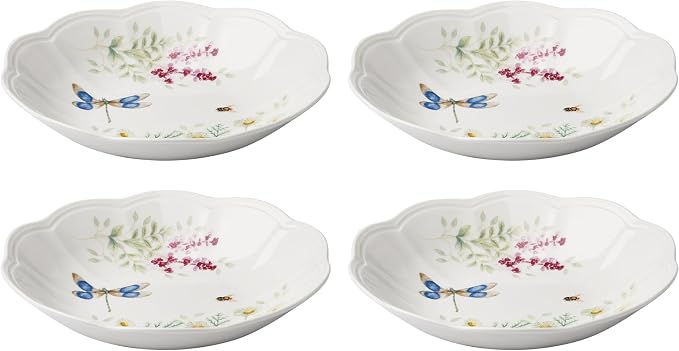 Lenox Butterfly Meadow Herbs Porcelain Pasta Bowl Set for 4, 26oz | Dishwasher safe, microwave safe | floral design | kitchen and dining essential | 1.75 inch, 26oz, gift for women