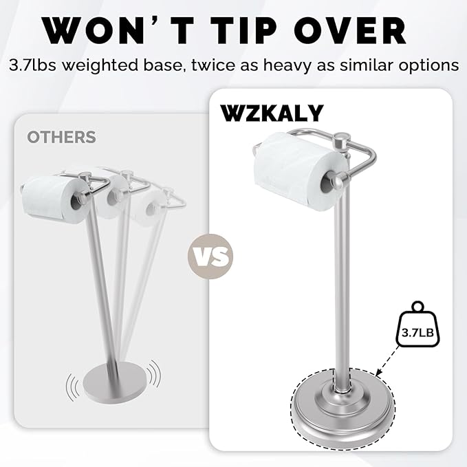 Toilet Paper Holder Stand, Brushed Nickel Toilet Paper Holder Free Standing, Post Pivoting Design & Stable Weighted Base SUS304 Stainless Steel for Bathroom(Mega Roll)