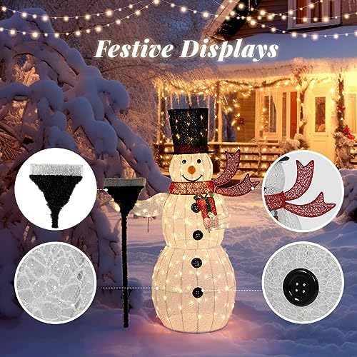 VINGLI 5FT Outdoor Snowman Christmas Decorations, Lighted Outdoor Snowman w/200 LED Lights, Tall Hat, Red Scarf, Zip Ties, Ground Stakes for Indoor, Yard, Outside Xmas Decor