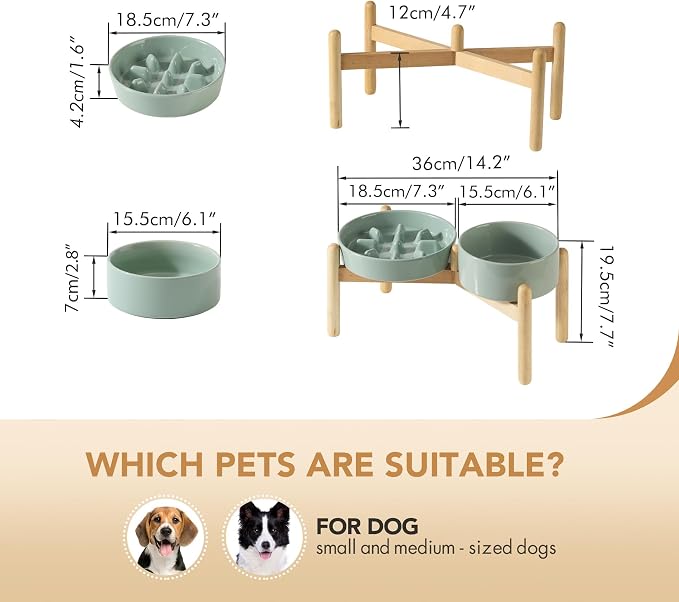 Havniva Elevated Slow Feeder Dog Bowls, Ceramic Dog Bowl Slow Feeder Set | 1.2 Cups Raised Slow Feeder Dog Bowl for Small Breed, 6.1” Dog Water Bowl with Wooden Stand, Puzzle Dog Food Bowl, Non-slip