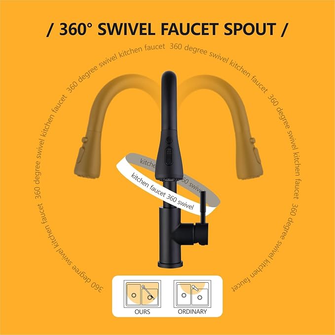 Hiqufet Kitchen Faucet, Pull Down Sprayer, Matte Black | Easy Install, 360 Swivel, 3 Spray Modes, SUS304 Stainless Steel, Leak-Proof, Fingerprint Resistant, Single Handle
