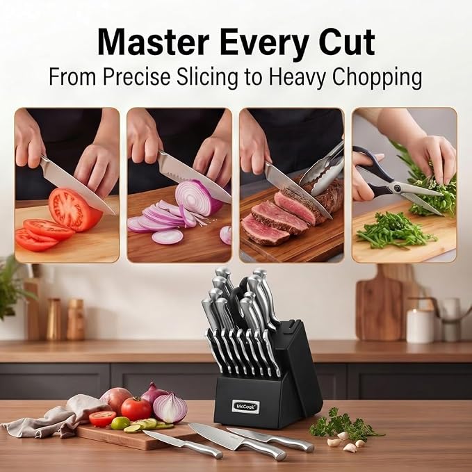McCook Knife Set Sharp Kitchen Knife Block Set w Built-in Sharpener | German Forged Stainless Steel, 20 PC,Razor Sharp,Anti-Rust,Restaurant Grade,Ergonomic Handle,Full Tang, Gift Box