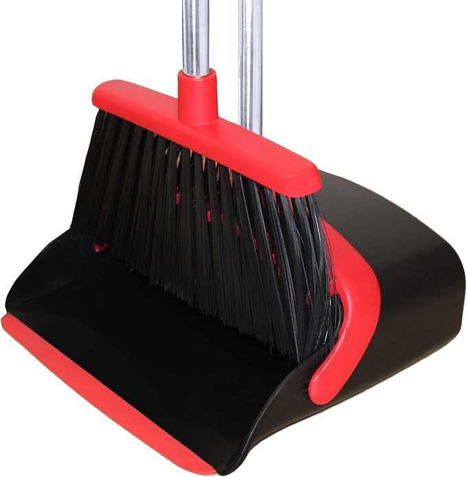 Long Handle Broom and Dustpan Set, Self-Cleaning with Dustpan Teeth for Home, Kitchen, Office, and Pets – Stand-Up Design for Indoor & Outdoor Sweeping (Red)