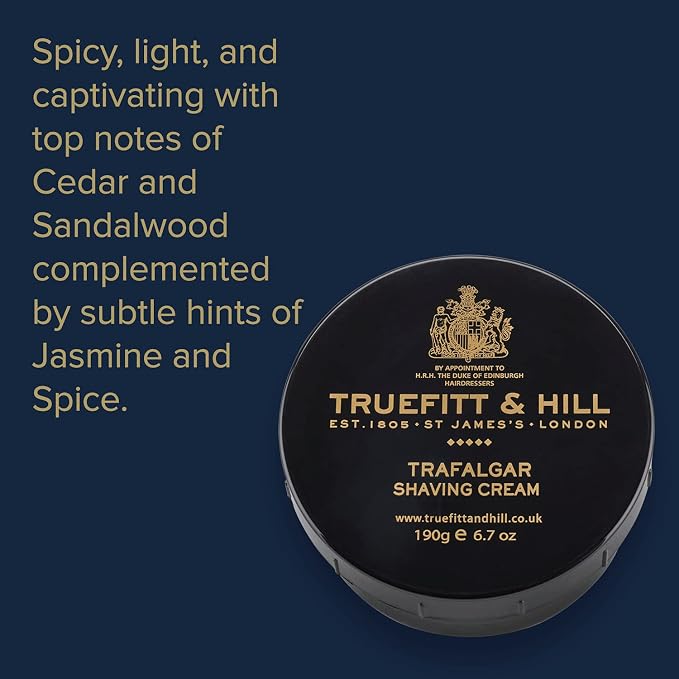 Truefitt & Hill Trafalgar Shaving Cream Bowl for Men, Spicy and Light Fragrance, 6.7 oz.