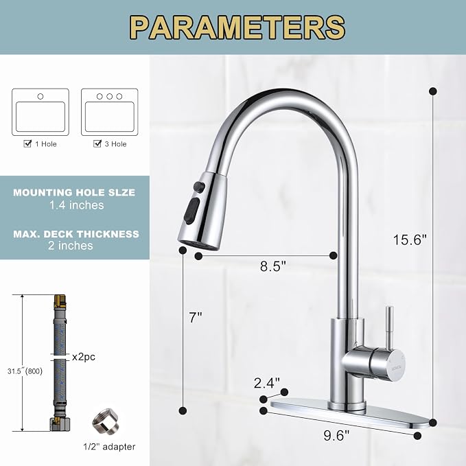 Chrome Kitchen Faucet with Sprayer, WOWOW Pull Down Kitchen Sink Faucet Stainless Steel Utility Sink Faucet with Deck Plate, Kitchen Tap for RV, Laundry, Bar