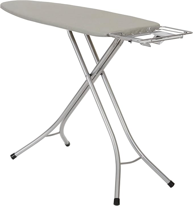 Household Essentials Wide Top Ironing Board with 4‑Leg Steel Frame, Fixed Iron Rest, Silicone‑Coated Cotton Cover, Grey