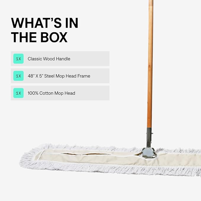 Commercial Dust Mop & Floor Sweeper, 48 in. Dust Mop for Hardwood Floors, Cotton Mop Head, Wooden Broom Handle, Industrial Dry Mop for Floor Cleaning & Janitorial Supplies
