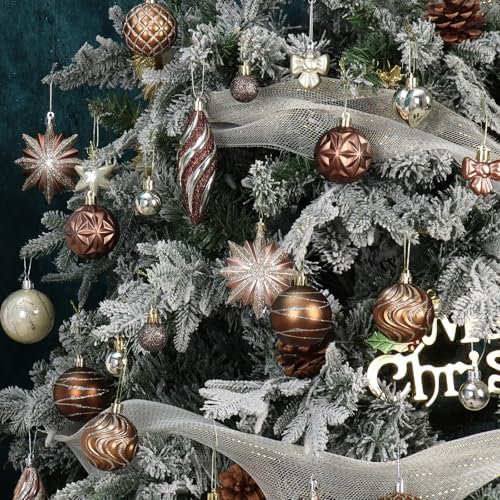 82Pcs Bronze Copper Fall Ornaments for Tree Set, Shatterproof Brown and Gold Christmas Tree Decorations for Home Assorted Plastic Baubles Ball Ornaments for Xmas Party Decor (Copper & Gold)