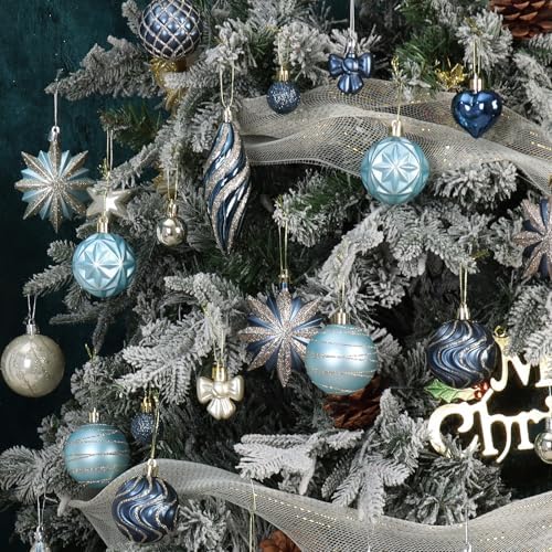 82Pcs Blue and Gold Christmas Ornaments Set, Plastic Assorted Christmas Decorations for Tree Shatterproof Baubles Snowflake Xmas Ball Ornaments for Holiday Decor (Blue&Gold)