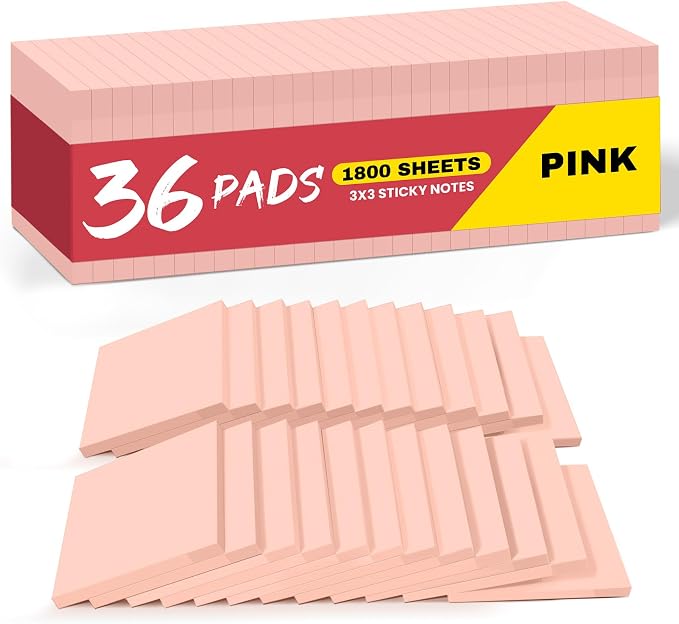 Sticky Notes, 36 Pads, 3x3 Inches Self-Stick Note Pads, Perfect for Office, Study, and Daily Life Organization - Pink