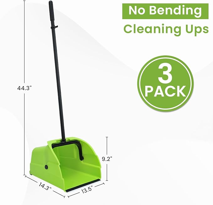(3PK) Commercial Jumbo Heavy Duty Stand Up Debris Pan, Large Lobby Dustpan with Long Handle, Scooper for Outdoor Leaves Cleaning, Courtyards/Garage/Sidewalks-Professional Grade