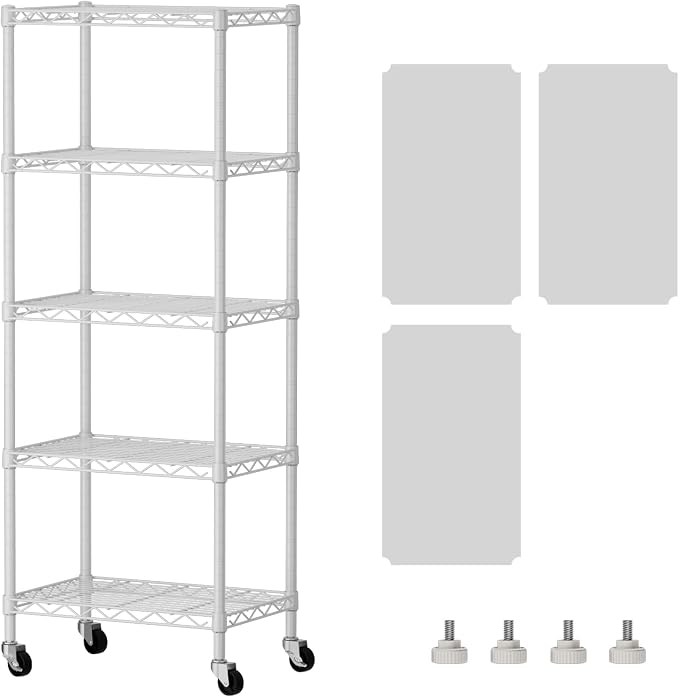 SINGAYE 5 Shelves Storage Shelf Wire Shelving Unit Metal Adjustable Wheels | Small Shelf Storage with Wheels Organizers Closet Unit for Bathroom Laundry Room Kitchen Pantry11.5D x 17.5W x 57H White