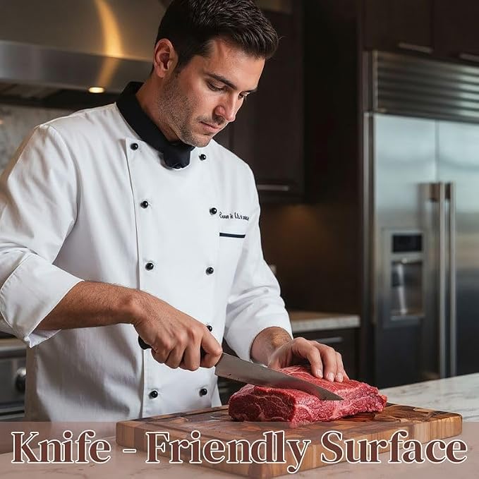 Teak Wood End Grain Cutting Board 13.8 x 9.8 Inch, Solid Wood Kitchen Cutting Board for Meat & Daily Prep, Knife-Friendly Cutting Board with Juice Groove & Handle by New M Way