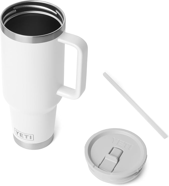 YETI Rambler 40 oz Travel Mug with Flip Straw Lid – Stainless Steel, Vacuum Insulated, Leakproof, Cup Holder Friendly, White
