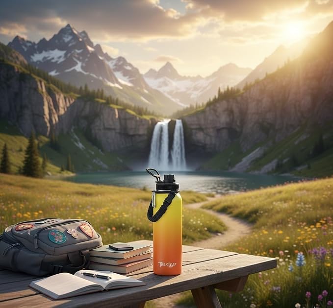 Travel Water Bottle with Carrying Bag, 3 Lids (Spout, Straw, Handle), and Bottle Brush; Leak Proof, Quality, Vacuum Insulated, Stainless Steel (Sunrise, 40 oz)