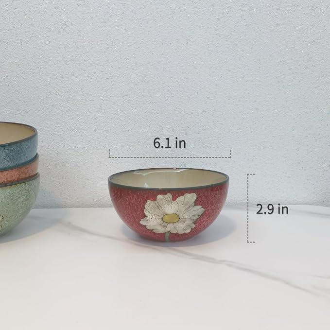 Ceramic Bowls For Kitchen, 28oz - Bowl Set of 4 - For Cereal, Salad, Pasta, Soup, Ramen, Serving etc - Dishwasher, Microwave, and Oven Safe - For Breakfast, Lunch and Dinner (Blue+Red+Green+Pink)