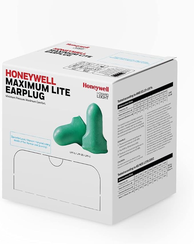 Howard Leight by Honeywell Max Lite Low Pressure Corded Disposable Foam Earplugs, 100 Pairs (LPF-30), Green