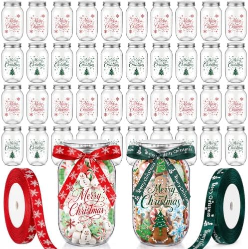 FillTouch 32 Set Christmas Mason Jars 12oz Plastic Jars with Lids Ribbons