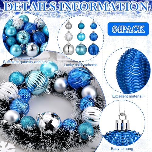 Lunmon 64 Pcs Blue and Silver Christmas Balls Ornaments Glitter Xmas Bulbs