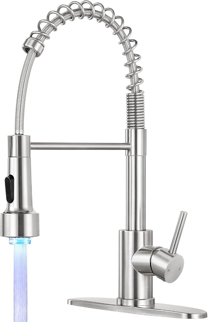 Kitchen Faucet with LED Pull Down Sprayer,Commercial Single Handle Stainless Steel Kitchen Faucets with Deck Plate (Brush Nickel)