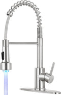 Kitchen Faucet with LED Pull Down Sprayer,Commercial Single Handle Stainless Steel Kitchen Faucets with Deck Plate (Brush Nickel)
