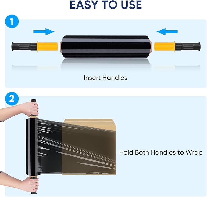 TICONN 2Pk Stretch Wrap Stretch Film Roll, 1000ft Industrial Strength 15 inch Wide Black Plastic Wrap with Handles for Pallet Wrapping Shipping Moving
