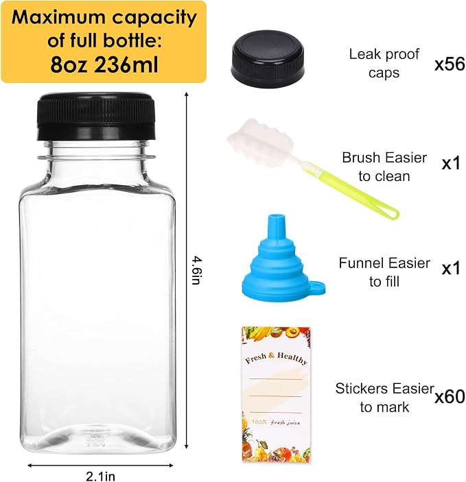 Moretoes 56pcs 8oz Plastic Juice Bottles with Caps, Reusable Clear Plastic Juicing Bottles Juice Containers with Lids Suitable for Milk, Milkshakes and Other Juiced Beverages
