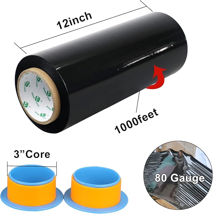 BOMEI PACK Black Stretch Wrap Industrial Strength with Plastic Handle 12" x 1000 Feet 80 Gauge 3-Pack, Black Shrink Wrap, Self-Adhering Black Plastic Wrap for Shipping, Moving