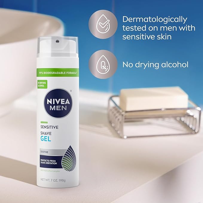 NIVEA FOR MEN Sensitive, Shaving Gel 7 Ounce (Pack of 10)
