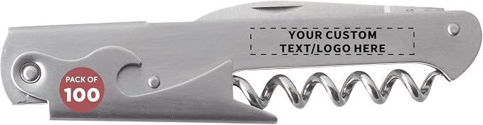 100 Valencia Stainless Steel Wine Bottle Openers Set - Customizable Text, Logo - Corkscrew, Serrated knife, Perfect for Bars - Silver
