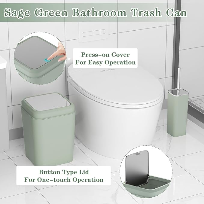 XLHOMO Bathroom Set, Bathroom Accessory Set, Sage Green Bathroom Accessories Set with Press-on Lid Bathroom Trash Can, Soap Dispenser, 9PC Bathroom Accessory Set for Home