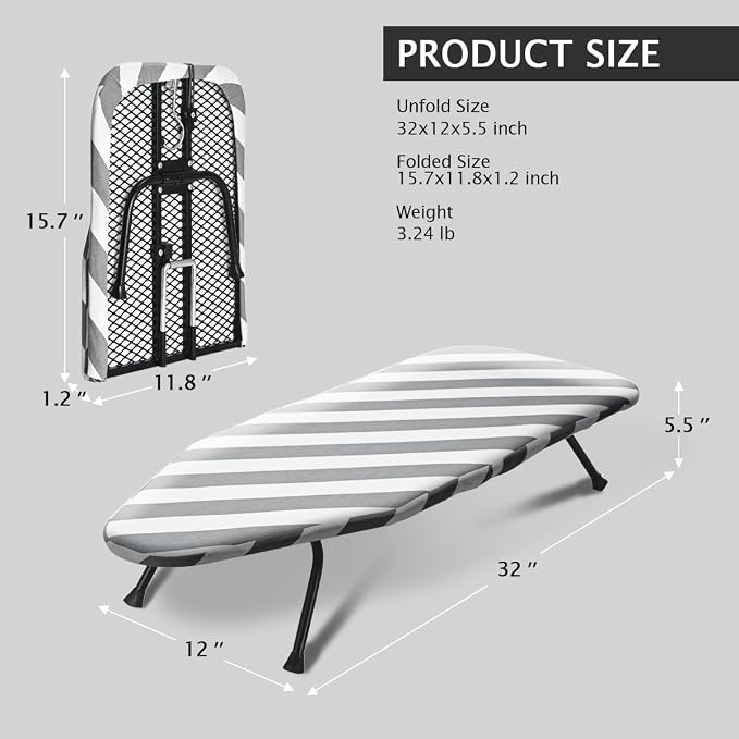 SheeChung Small Ironing Board 12"x32",Mini Ironing Board with Metal Mesh | Foldable,Tabletop,Hanging Hook,Cotton Cover,Heat Resistant Pad,Space Saving,Non-Slip Feet,Fits for Dorm Travel Sewing Room