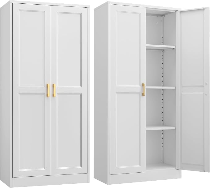 Steeloong 60"Metal Pantry Storage Cabinet with Doors & 3 Adjustable Shelves | Kitchen Pantry Cabinet,White Kitchen Cabinet with 2 Gold Handles,Tall Cabinet for Livingroom,Pantry, Bathroom,Kitchen