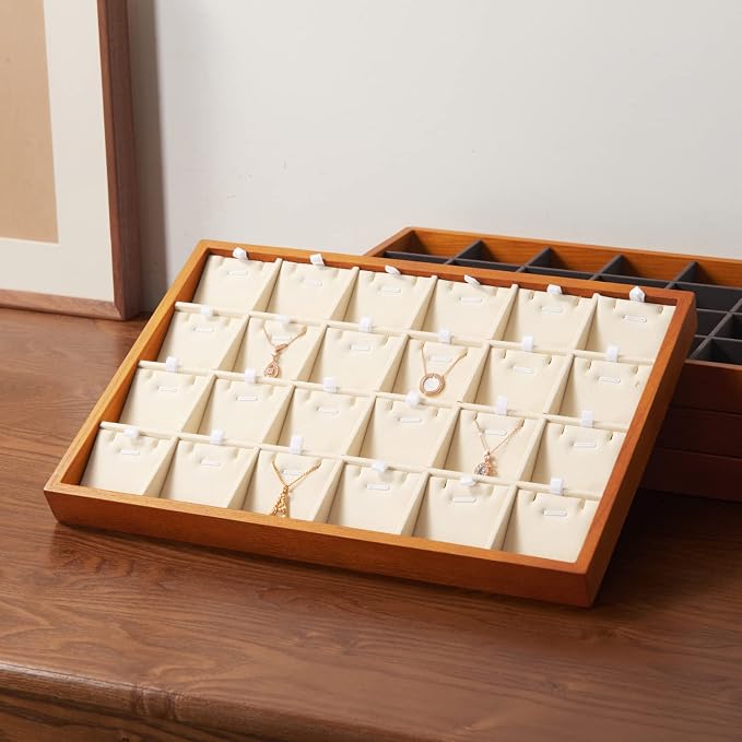 Oirlv Wood 24 Grids Jewelry Tray with Removable Inserts Jewelry Pads Necklace/Pendant Display Organizer Tray(Creamy White)
