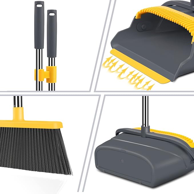Upgrade Broom and Dustpan Set, Broom with Dustpan Combo Set, Self-Cleaning with Dustpan Teeth, Indoor&Outdoor Sweeping, Stand Up Broom and Dustpan (Gray&Yellow)