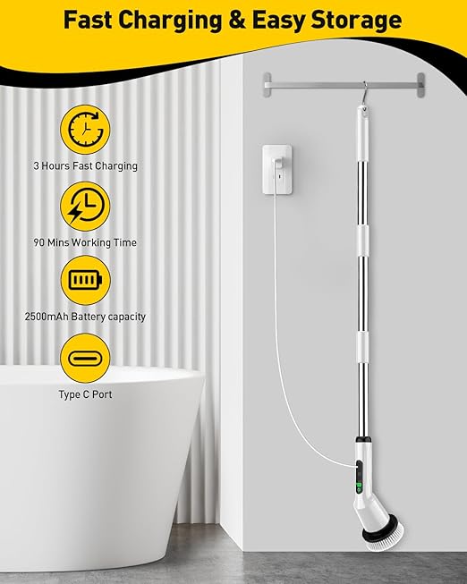 Shower Scrubber with Long Handle, Shower Cleaner Brush with 8 Brush Heads, Cordless Electric Spin Scrubber for Cleaning with 2 Speed, Cleaning Supplies for Bathroom Bathtub Kitchen Floor Tile Toilet