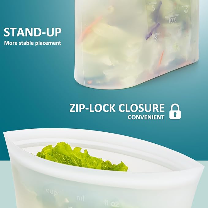 Large Reusable Silicone Food Storage Bags 4 Pack, 0.5 Gallon/2000ml, 100% Silicone Stand-Up Wide-Open Zip-Lock Reusable Bags for Large Items, Microwave Freezer Oven Dishwasher Safe, Translucent