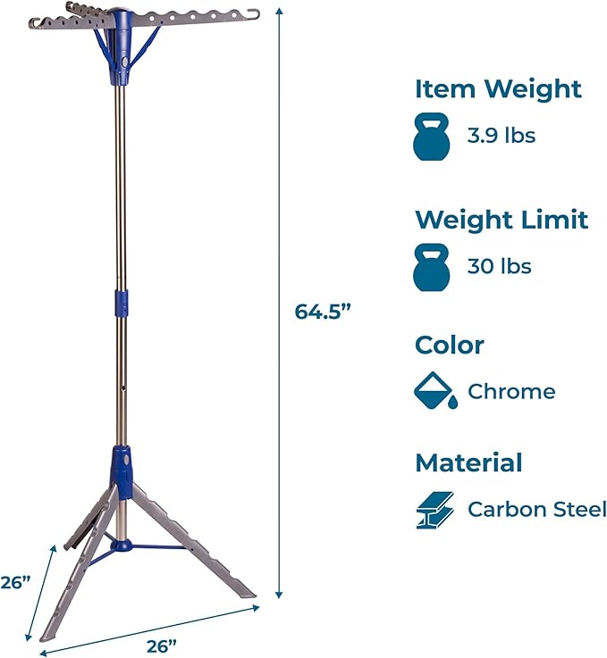 Honey-Can-Do 64-Inch Steel Tripod Clothes Drying Rack, Foldable Collapsible Laundry Stand with 3 Rotatable Arms, Holds 30 Hangers, Space-Saving Indoor Outdoor Air Dry Rack, Blue
