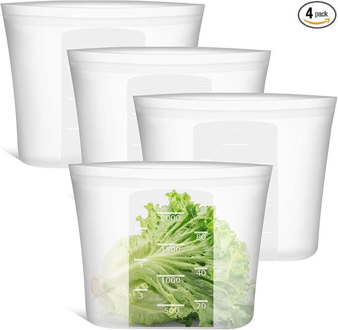 Large Reusable Silicone Food Storage Bags 4 Pack, 0.5 Gallon/2000ml, 100% Silicone Stand-Up Wide-Open Zip-Lock Reusable Bags for Large Items, Microwave Freezer Oven Dishwasher Safe, Translucent