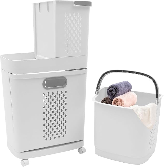 2 Tier Rolling Laundry Basket Cart Removable Laundry Basket with Wheels Household Storage Baskets for Home Kitchens Bathrooms Bedrooms Laundry Rooms Dorms (White)