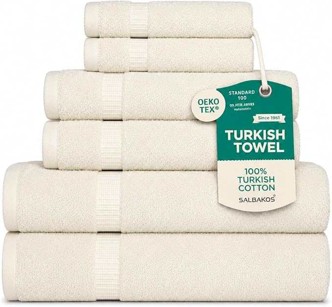 SALBAKOS 100% Turkish Cotton Bathroom Towel Set of 6-Piece, Ivory | 630 Gsm Thick Super Soft Highly Absorbent 2 Bath + 2 Hand + 2 Washcloth Towels Sets, Giftable, Hotel Quality, Made in Turkey