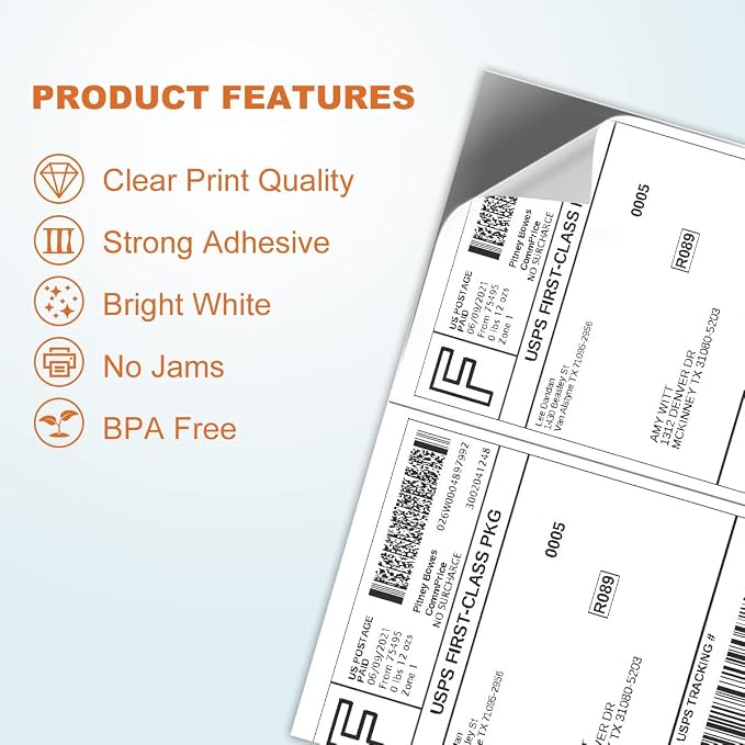 2000 Half Sheet Self Adhesive Shipping Labels for Laser Inkjet Pinters, 8.5 x 5.5 inches (1000 Sheets, 2000 Labels)