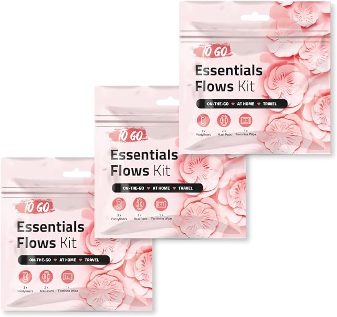 Essential Flows Period Kit - 3 Pantyliners, 2 Maxi Pads & Feminine Wipe | Hygiene Essentials for School, First Period