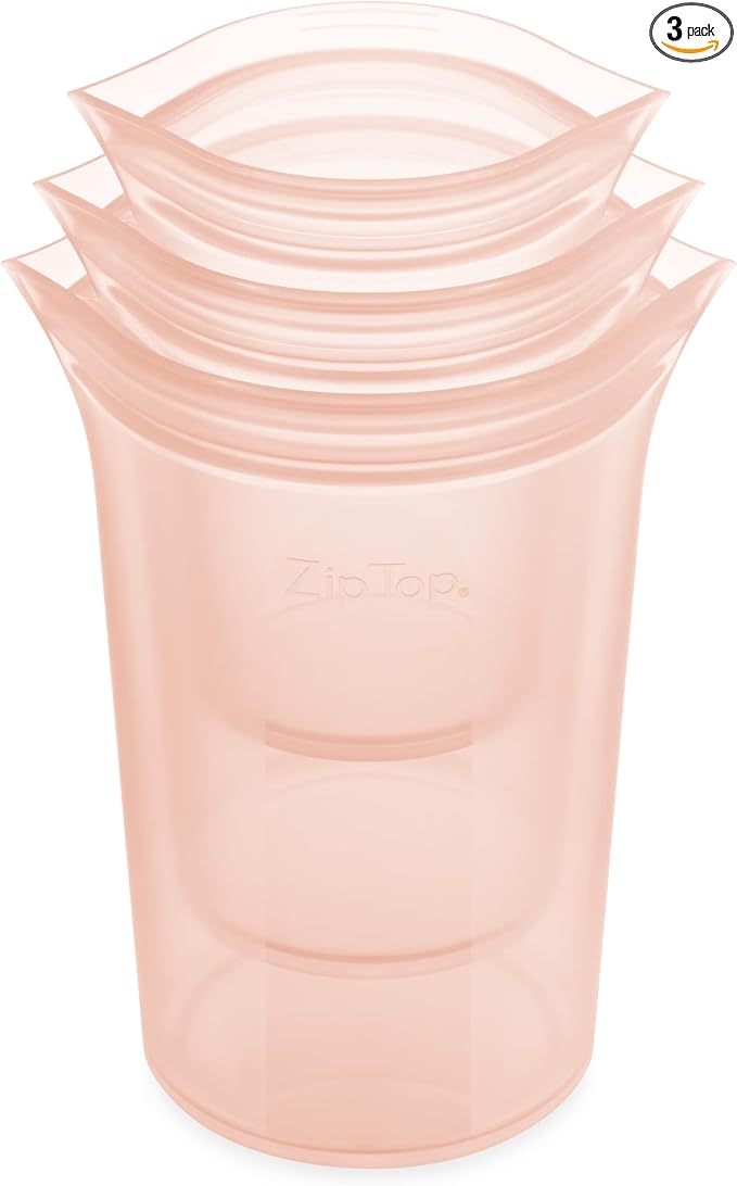 Zip Top Reusable Food Storage Bags | 3 Cup Set [Peach] | Silicone Meal Prep Container | Microwave, Dishwasher and Freezer Safe | Made in the USA