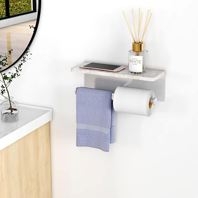 Brushed Nickel Toilet Paper Holder with Shelf, New Upgrade Double Toilet Paper Holder with Storage, Marble Roll Toilet Paper Wall Mount for Bathroom Washroom